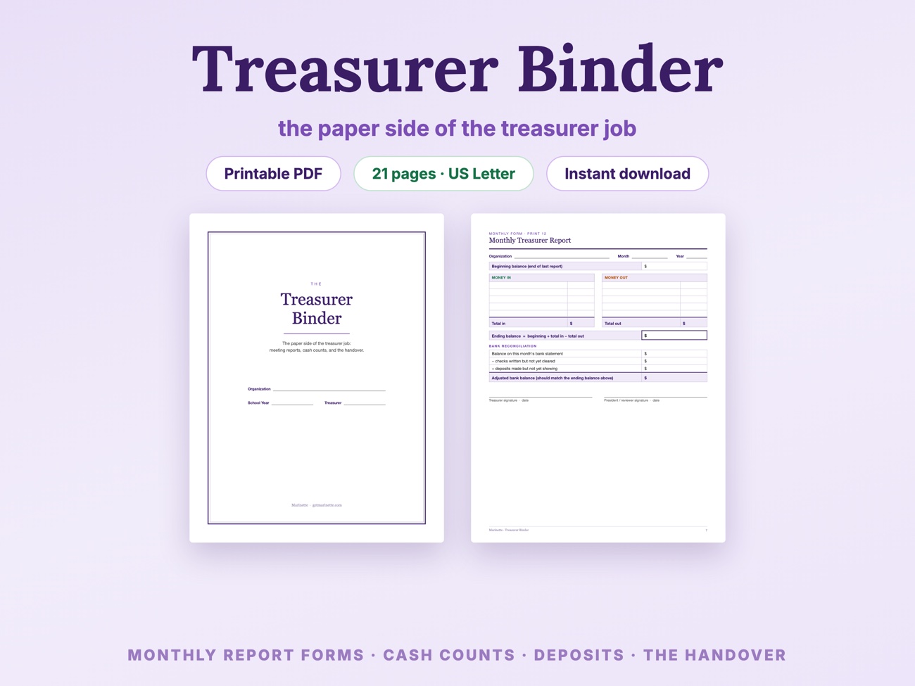 Treasurer binder cover and monthly report form