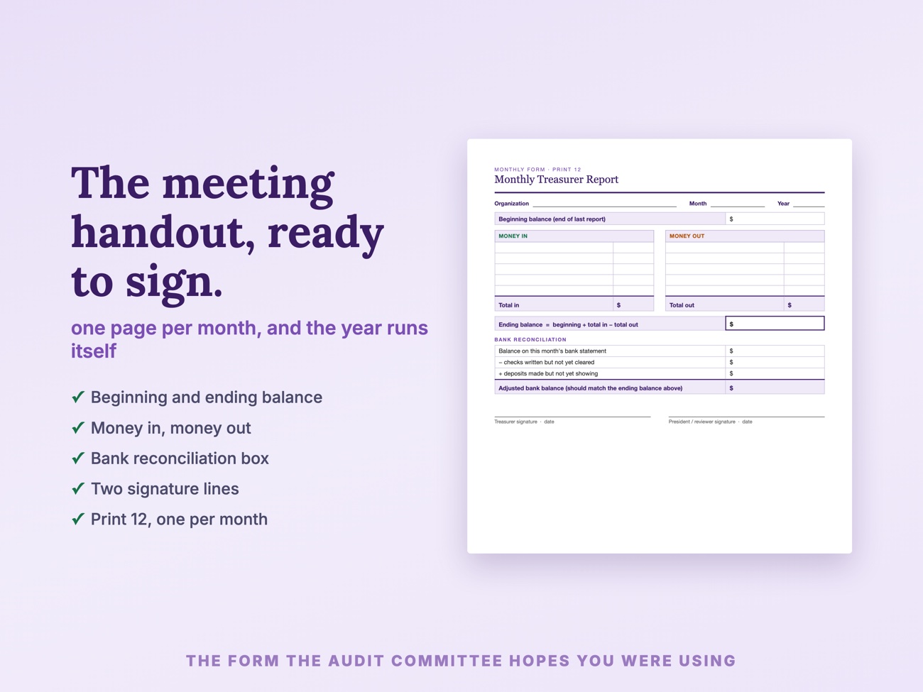 Monthly treasurer report form close up