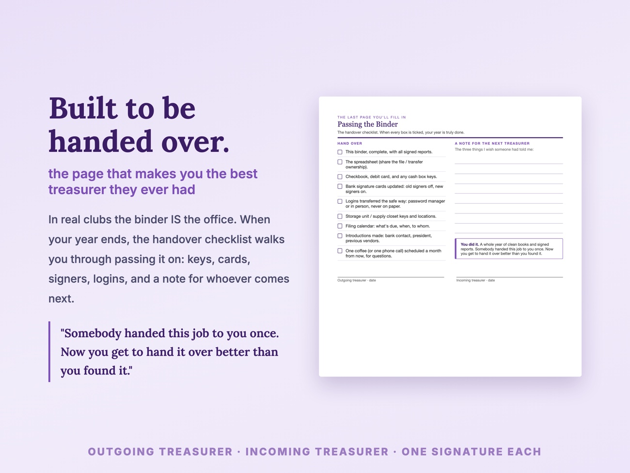 Treasurer handover checklist page