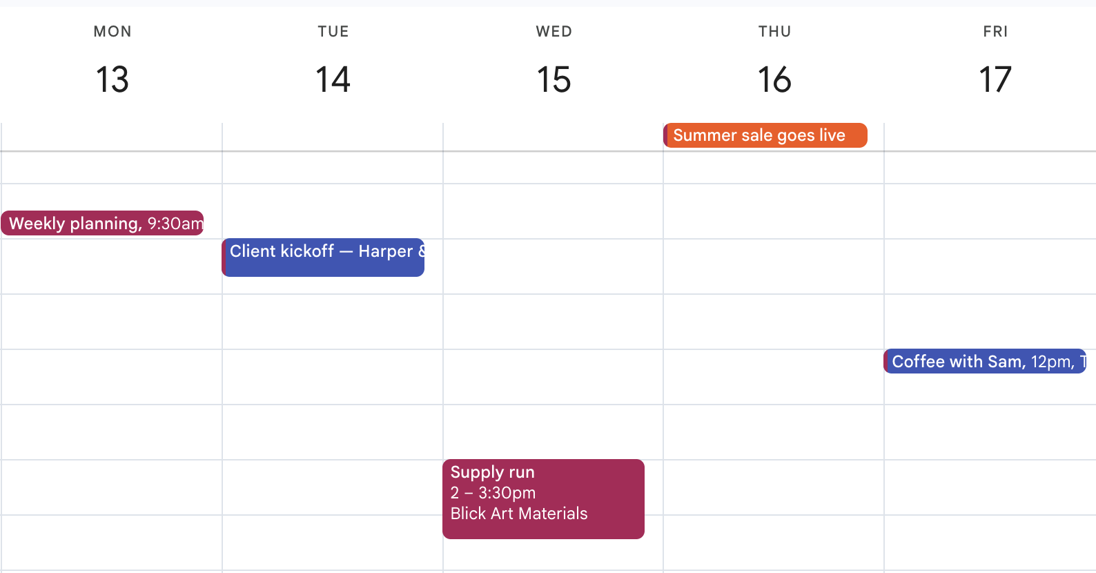 A Google Calendar week showing the synced events in place