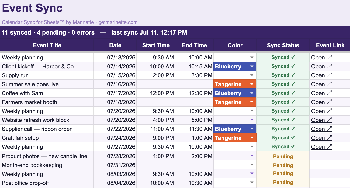 The Calendar Sync sheet: events as rows with title, date, time, and a Status column showing synced and pending