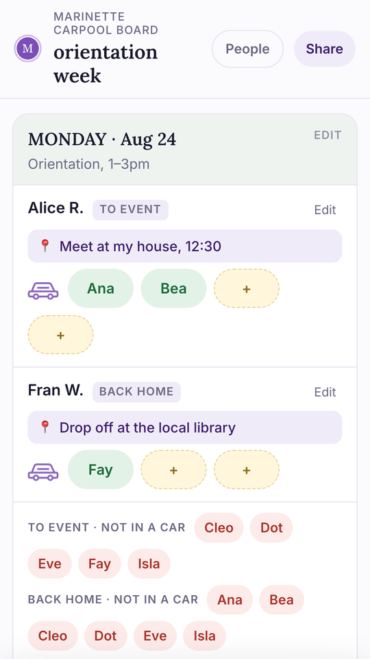 A carpool board on a phone: a day, a row for each car, and names filling the seats.