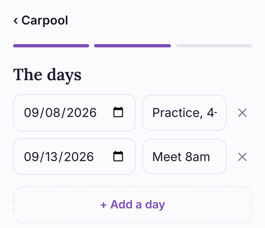 Step two: two days listed with dates and what's happening on each