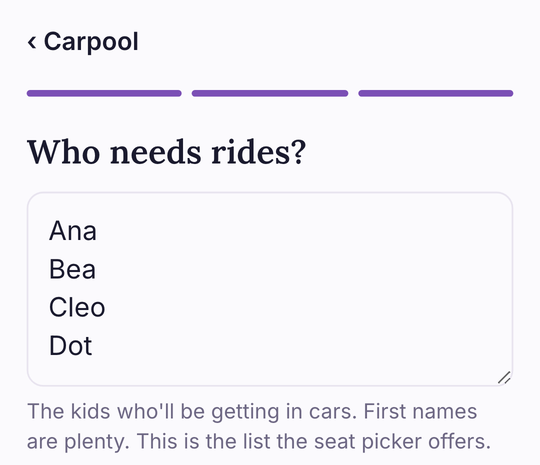 Step three: who needs rides, one first name per line, and a Make my board button