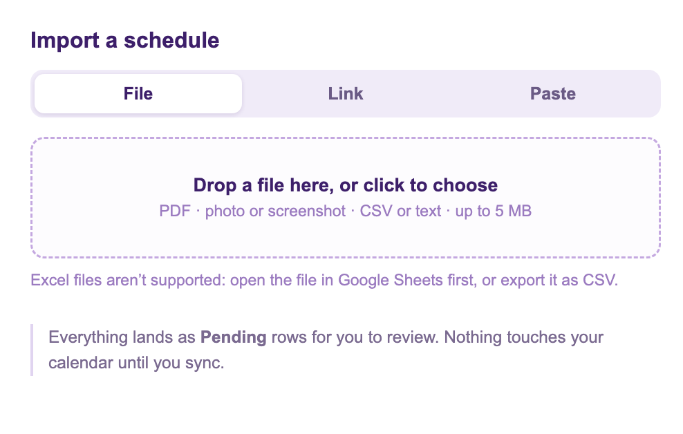 The Add from Schedule dialog with File, Link, and Paste tabs and a drop zone for a PDF, photo, CSV, or text file