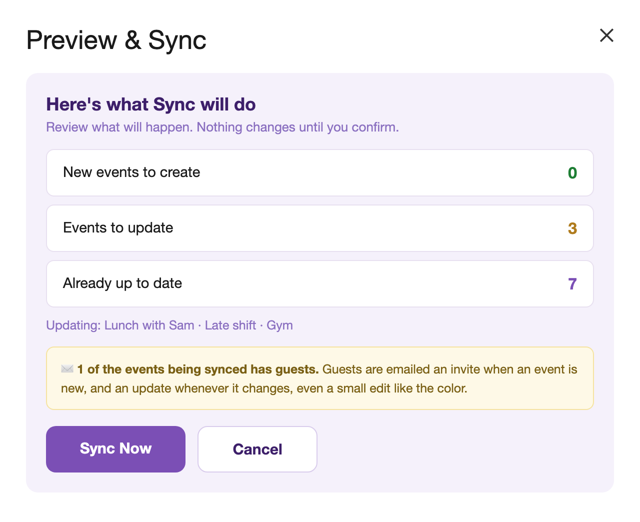 The Preview and Sync dialog: new events to create, events to update, already up to date, and a guest-email notice