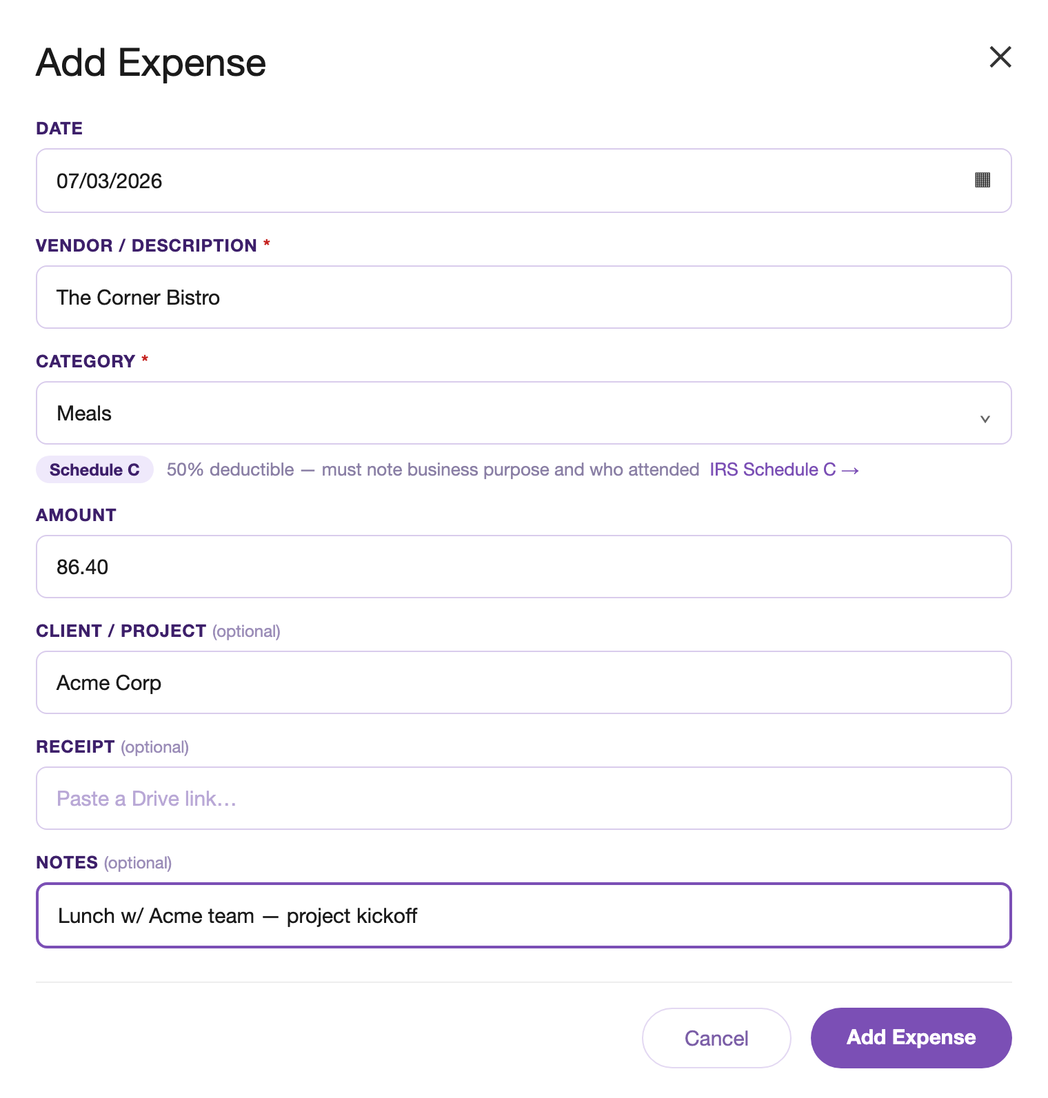 Add Expense dialog with the Meals category selected, showing the Schedule C badge and 50% deductible hint