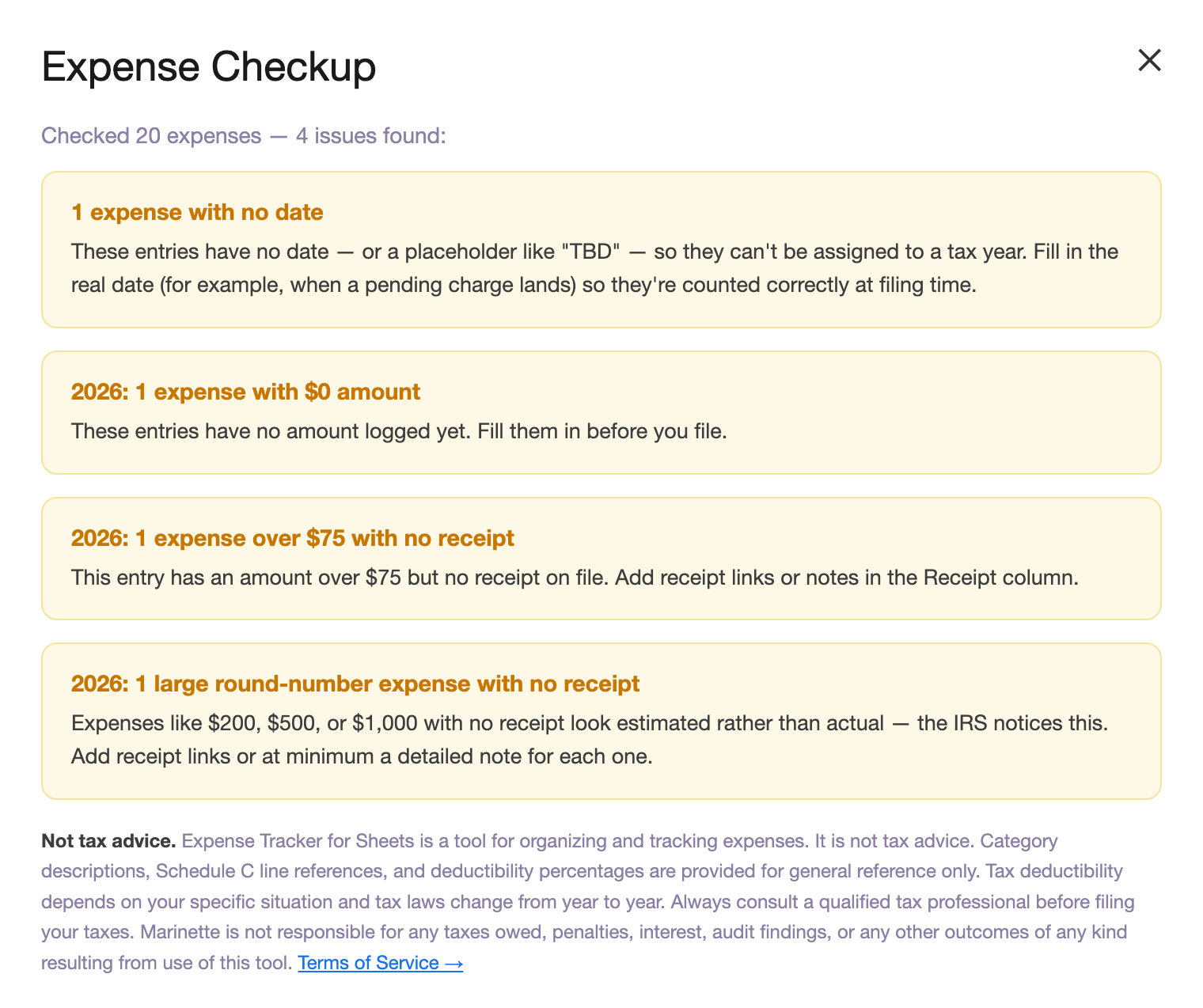 Expense Checkup results listing an undated expense, a $0 amount, and expenses missing receipts