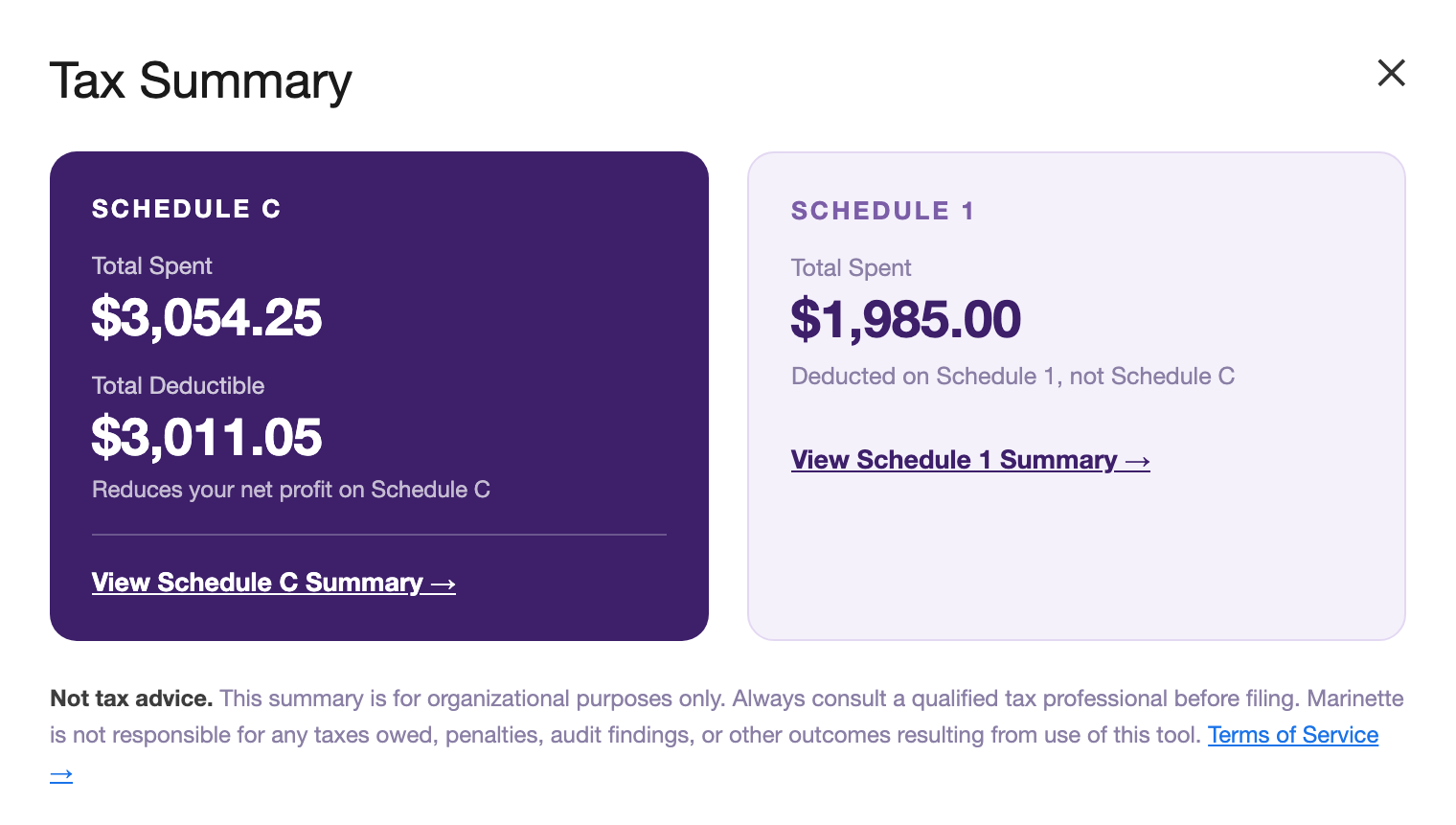 Tax Summary dialog showing Schedule C total spent and total deductible beside the Schedule 1 total