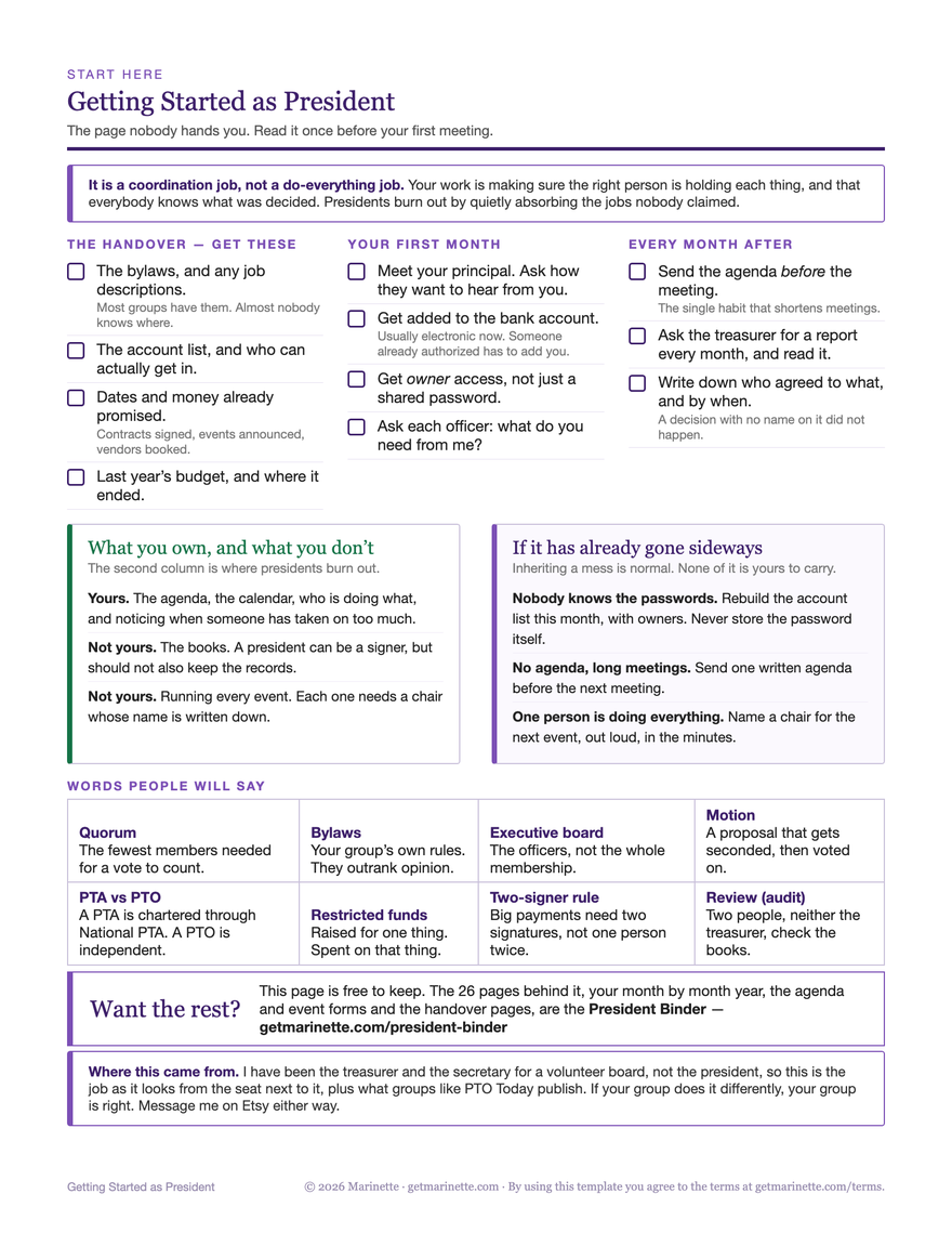 The one-page Getting Started as President guide: the handover checklist, first-month steps, what you own and what you don't, and what to do if it has already gone sideways.