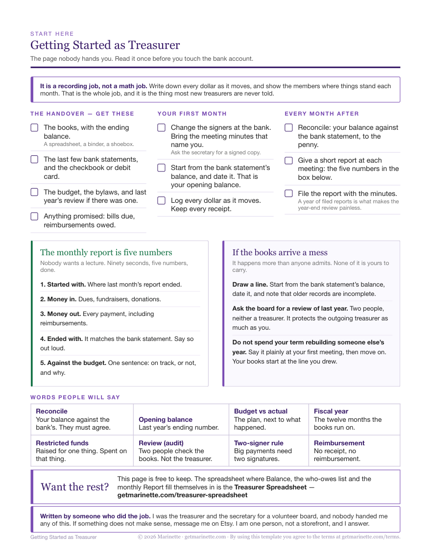 The one-page Getting Started as Treasurer guide: the handover checklist, first-month steps, the five-number monthly report, and what to do if the books arrive a mess.