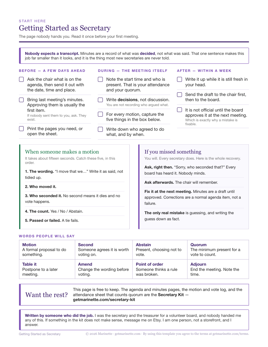 The one-page Getting Started as Secretary guide: before, during and after checklists, the five things to record for a motion, and what to do if you missed something.