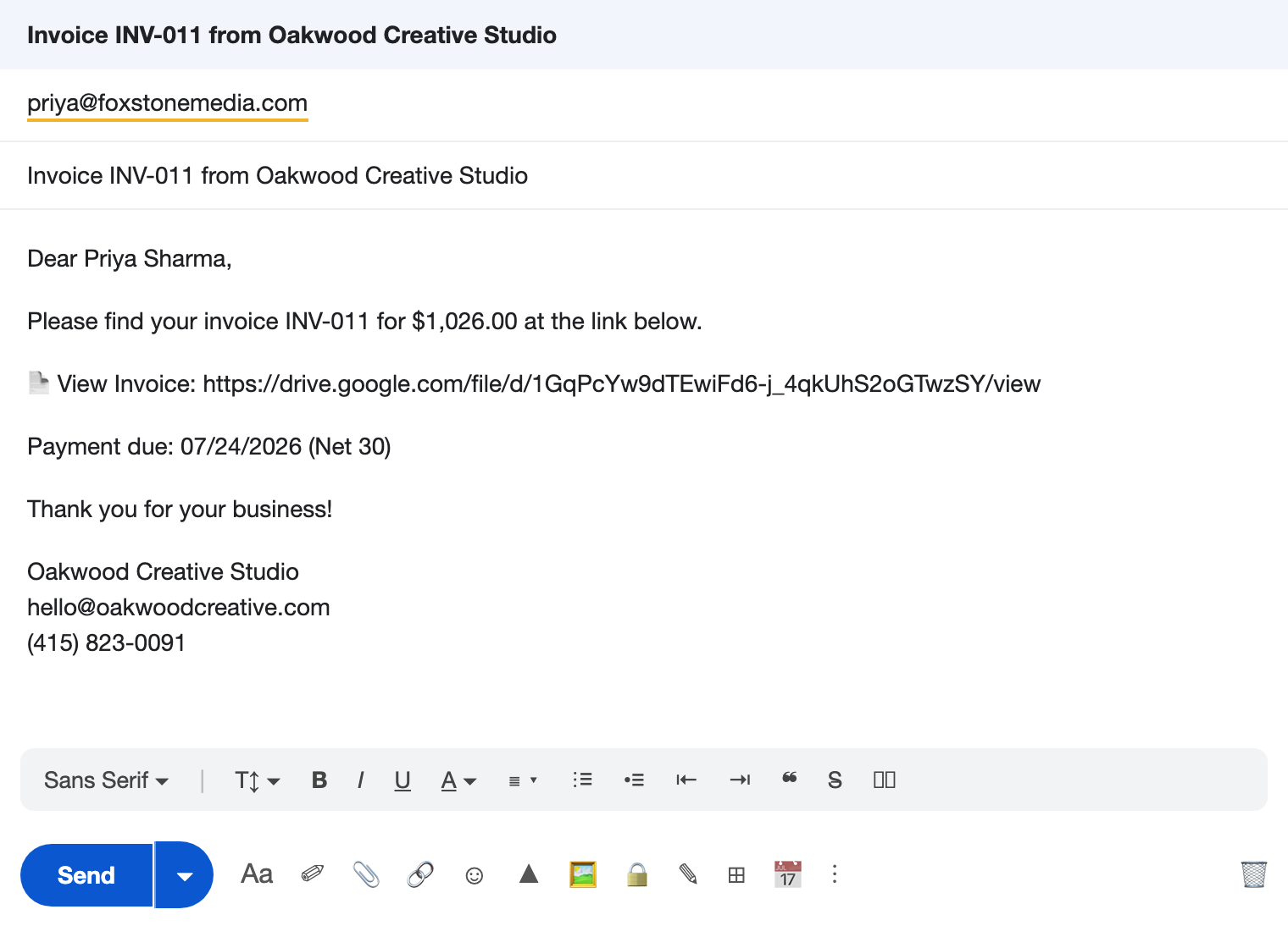 Gmail compose window pre-filled with the client's email, subject line, invoice link, and due date