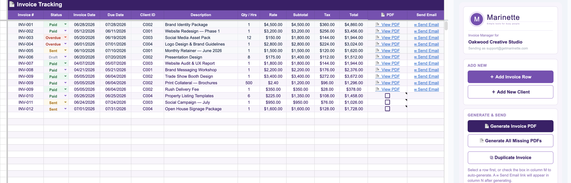 The Invoice Tracking sheet: fourteen invoices with color-coded statuses, PDF links, and Send Email links, beside the Invoice Manager sidebar