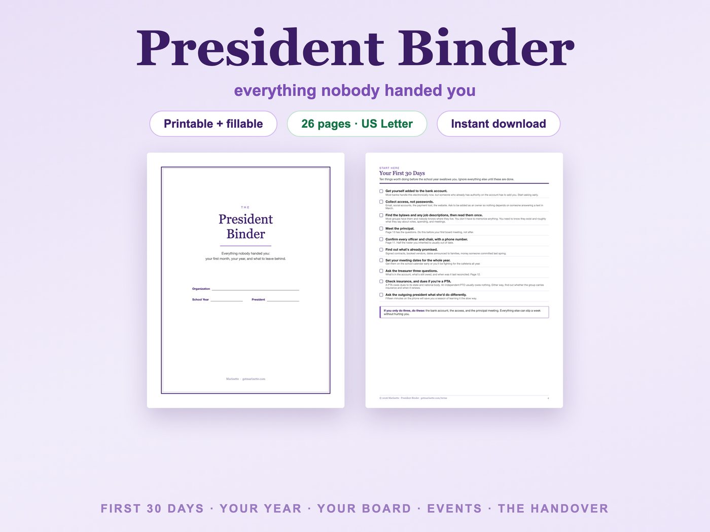 President binder cover and first 30 days page