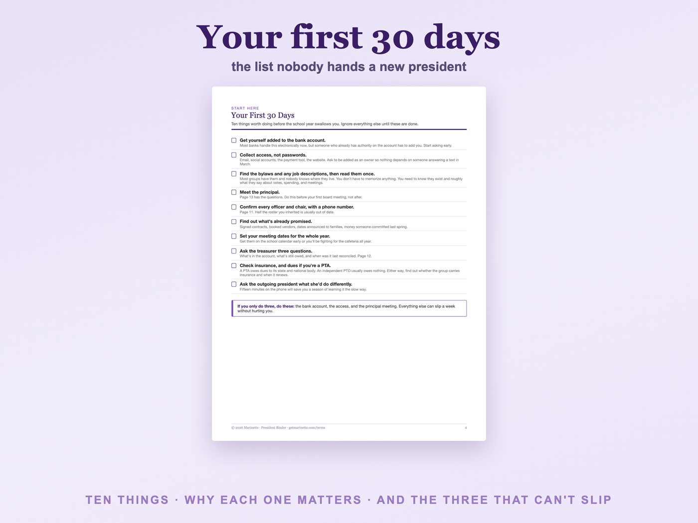 Your first 30 days as president checklist page