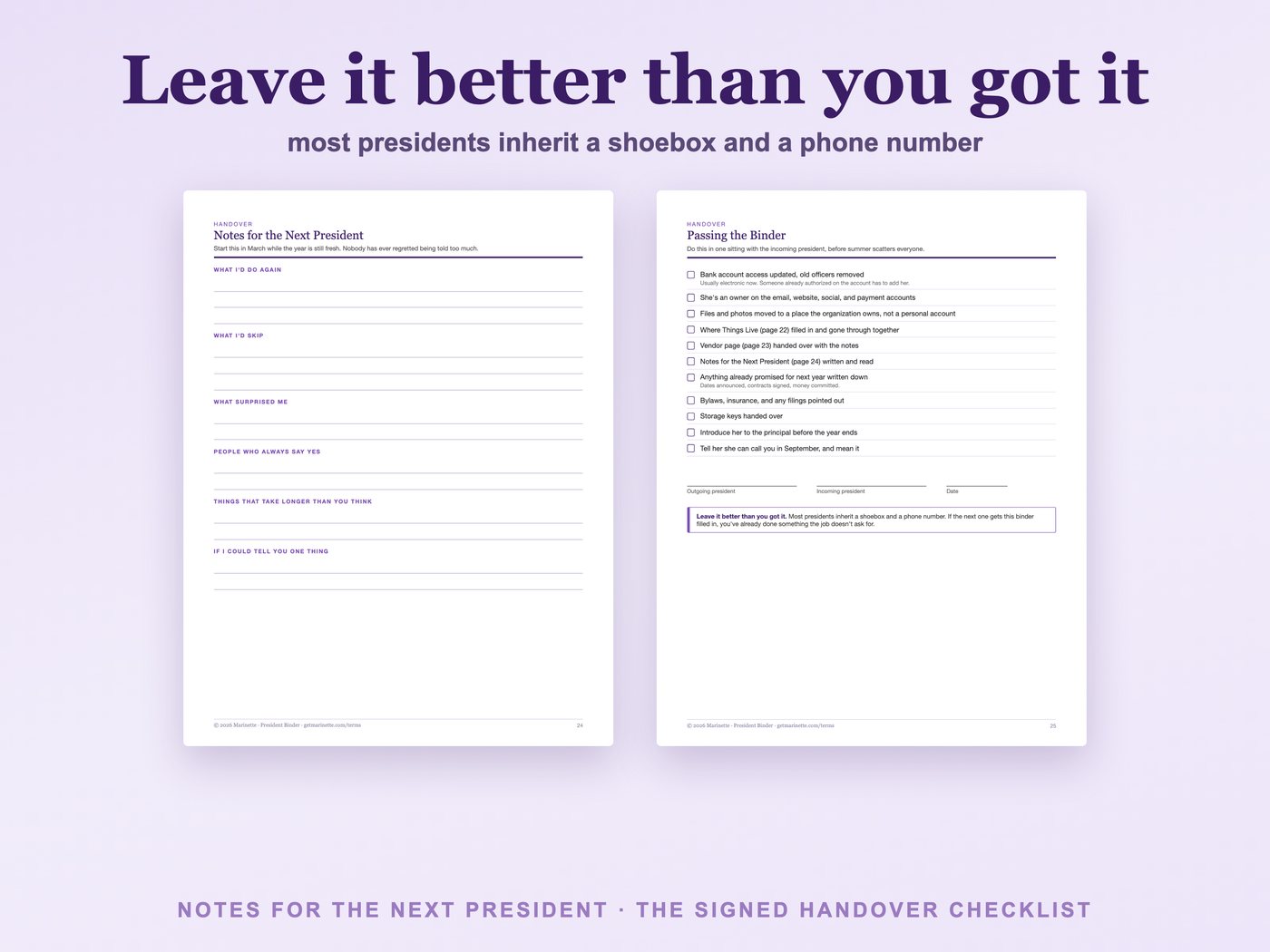 Notes for the next president and handover checklist pages