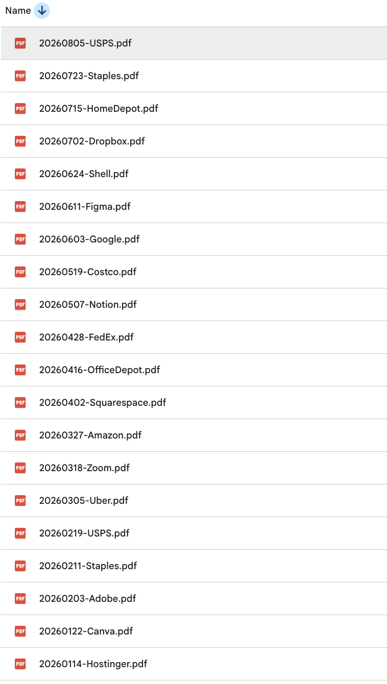 The same receipts in a Google Drive folder, named 20260805-USPS.pdf, 20260723-Staples.pdf, 20260715-HomeDepot.pdf and so on down to 20260114-Hostinger.pdf, sitting in date order