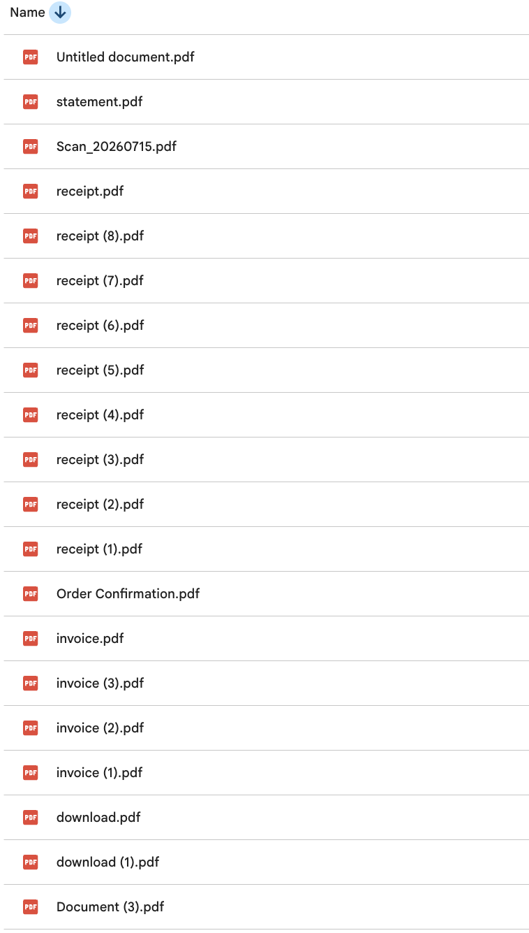 A Google Drive folder listing files called receipt.pdf, receipt (1).pdf through receipt (8).pdf, invoice.pdf, download.pdf, statement.pdf and Untitled document.pdf, none of them showing a date or a business name