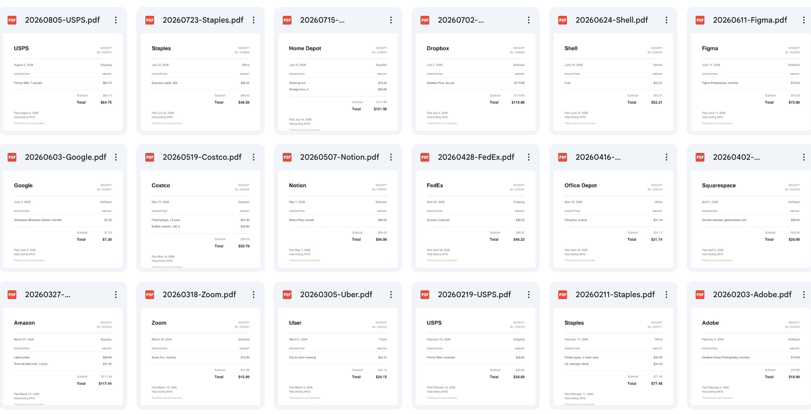A Google Drive folder of receipts filed as PDFs, each named with the date first and then the business, so the folder sits in date order from August back to January