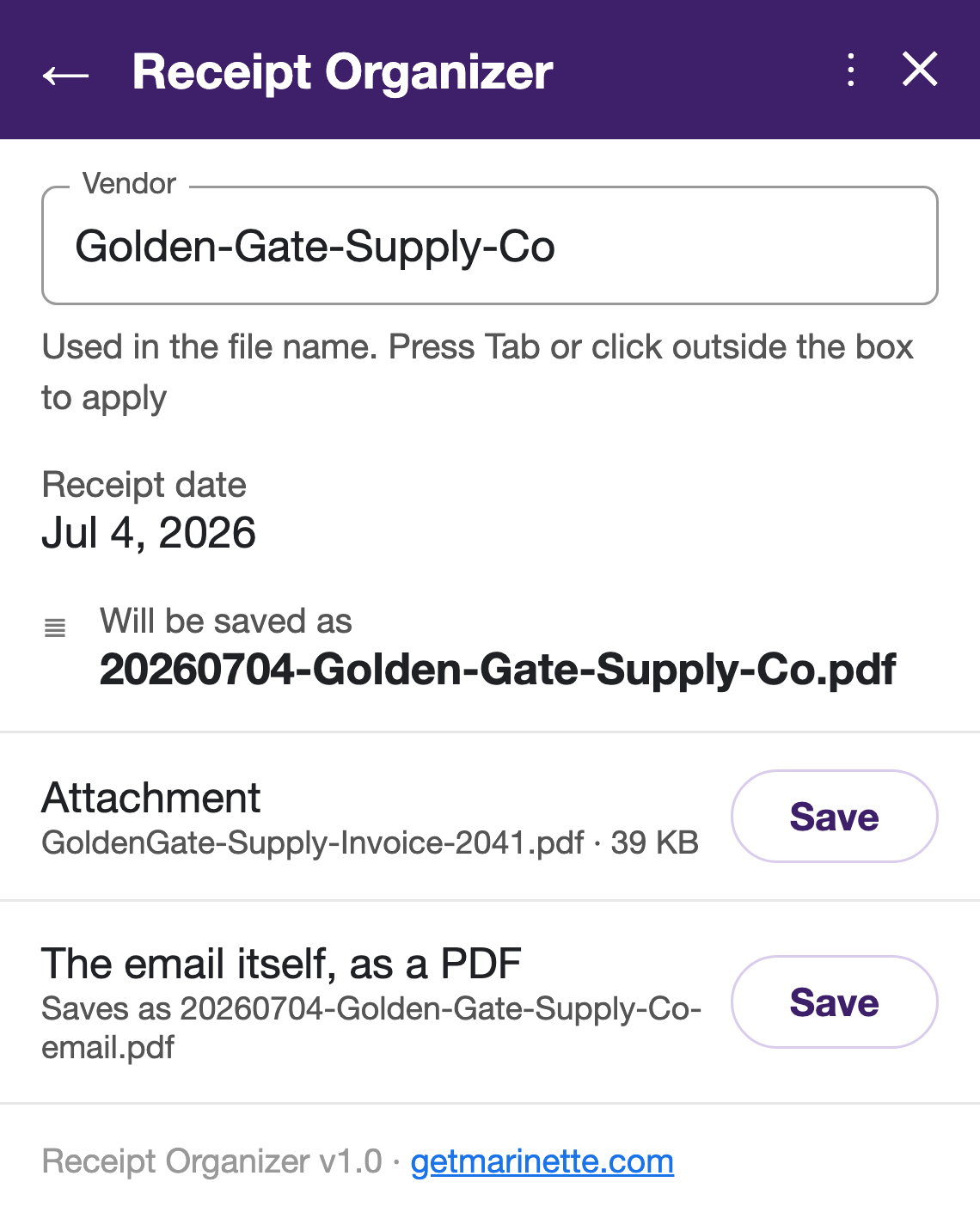 The Receipt Organizer panel in Gmail: vendor and date filled in, the exact file name shown before saving