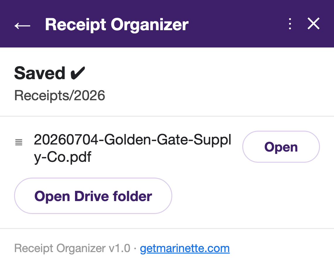 The saved confirmation: Receipts/2026 with the PDF name, an Open button, and an Open Drive folder button