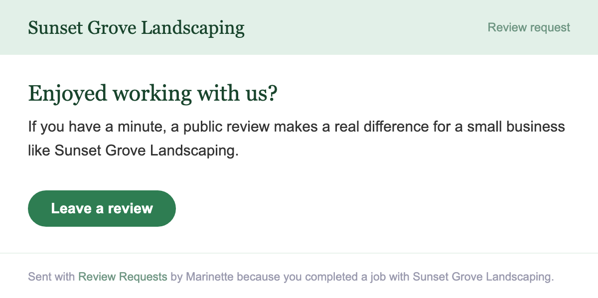 The public review-request email a client receives, wearing the business's own brand color: Enjoyed working with us? with a Leave a review button