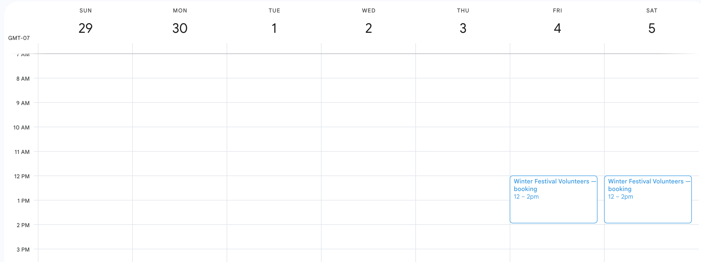 A Google Calendar week with booking events created by Slot Booking