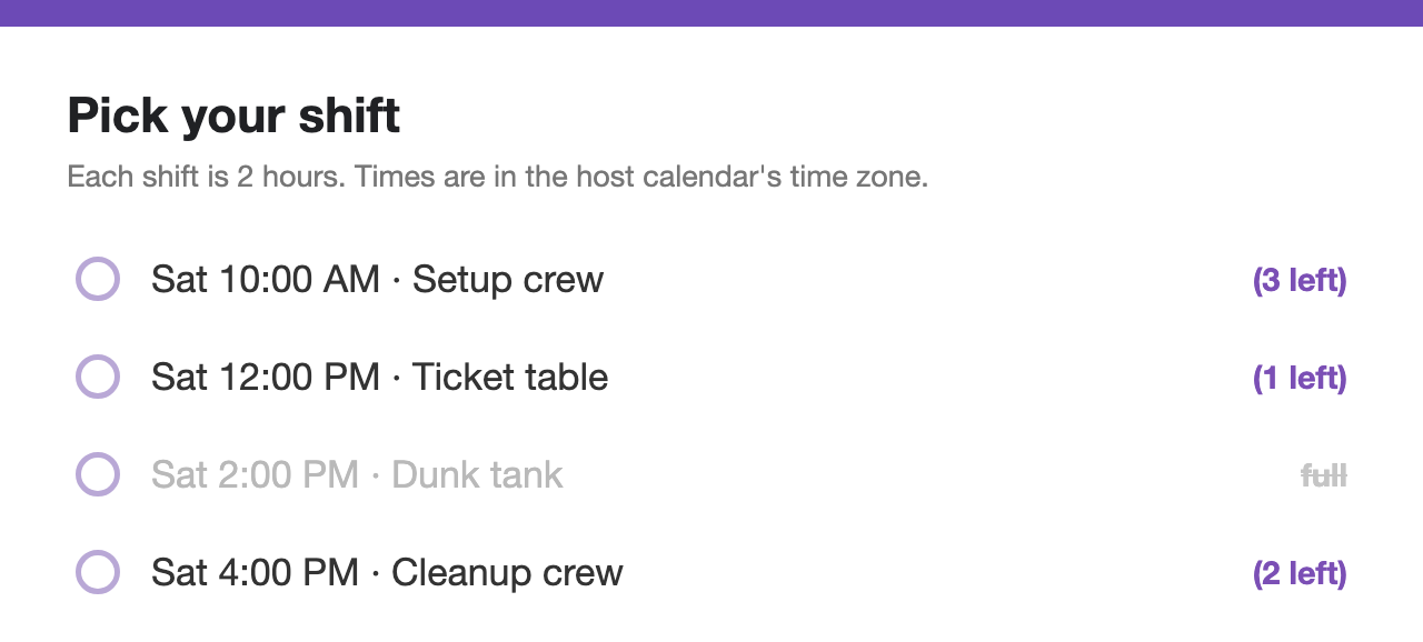 A Google Form slot question showing shifts with spots left, and a full shift closed