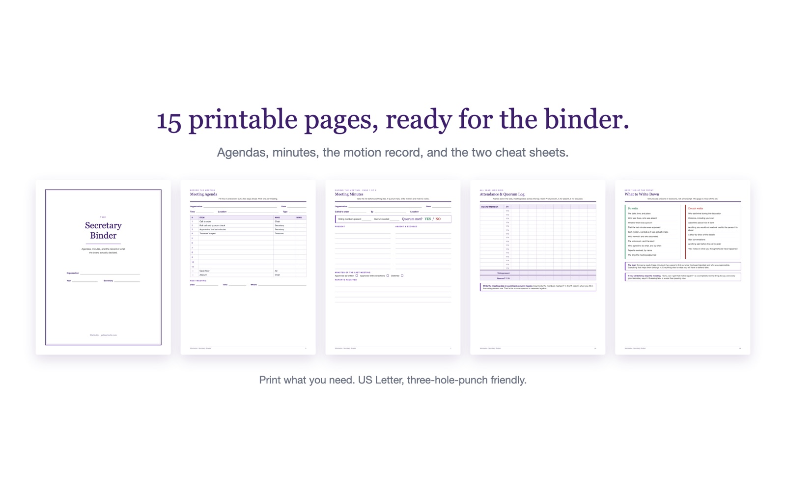 Printable meeting minutes, agenda and motion record pages