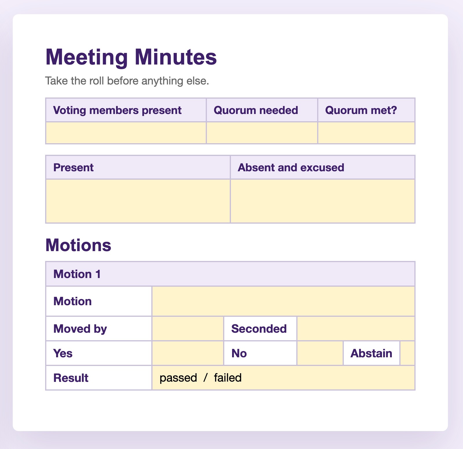 The Meeting Minutes page of the Secretary Kit template: a box each for the motion's wording, who moved it, who seconded, the yes, no and abstain counts, and the result.
