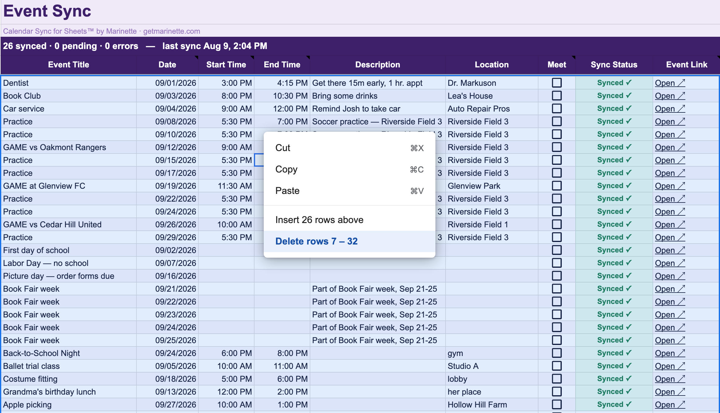 Deleting imported Google Calendar events in bulk: the events as rows in a Google Sheet with the right-click Delete rows menu open