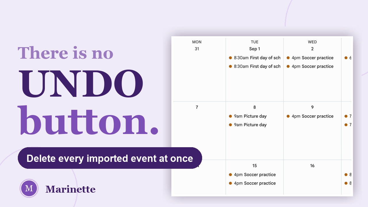 How to undo a Google Calendar import: deleting every imported event at once, a 58 second walkthrough